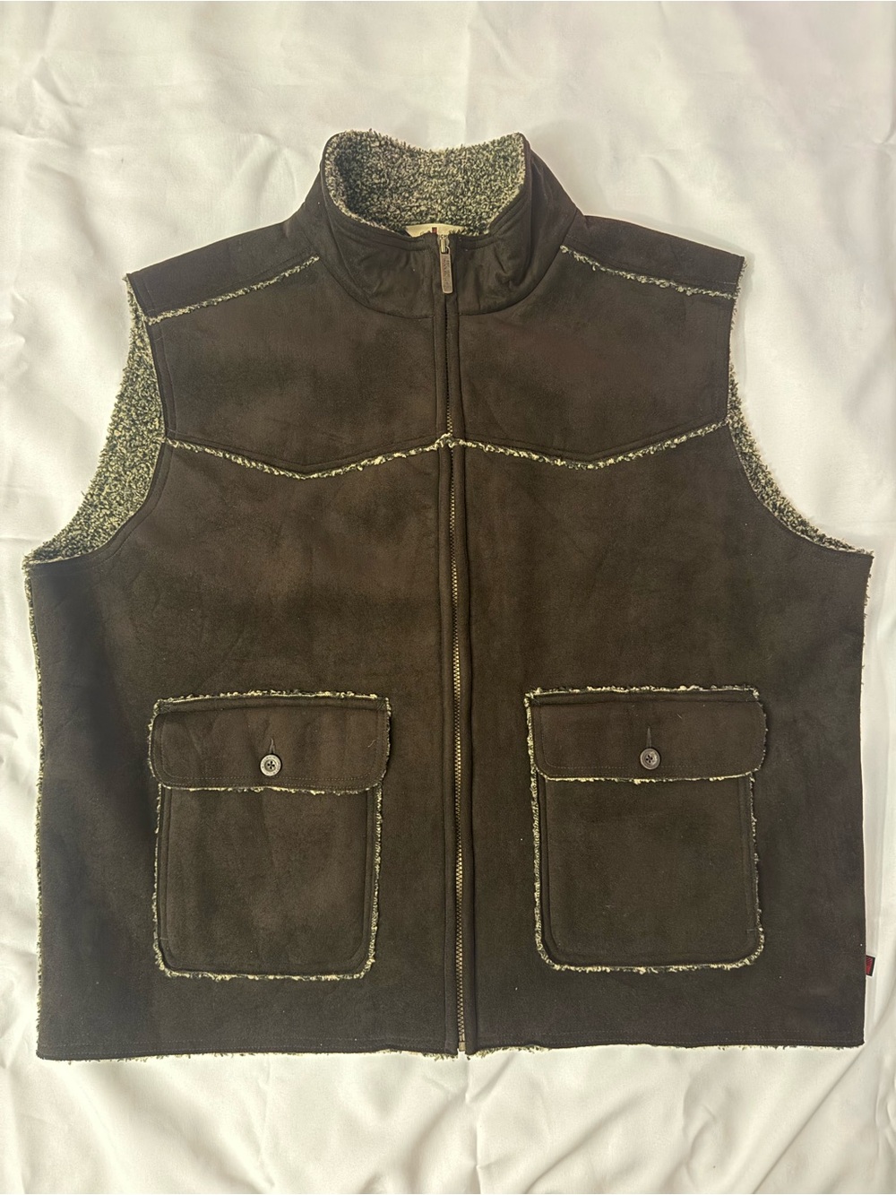 Woolrich Vest Mens XXL Brown Sherpa Fleece Lined Faux Suede Full Zip